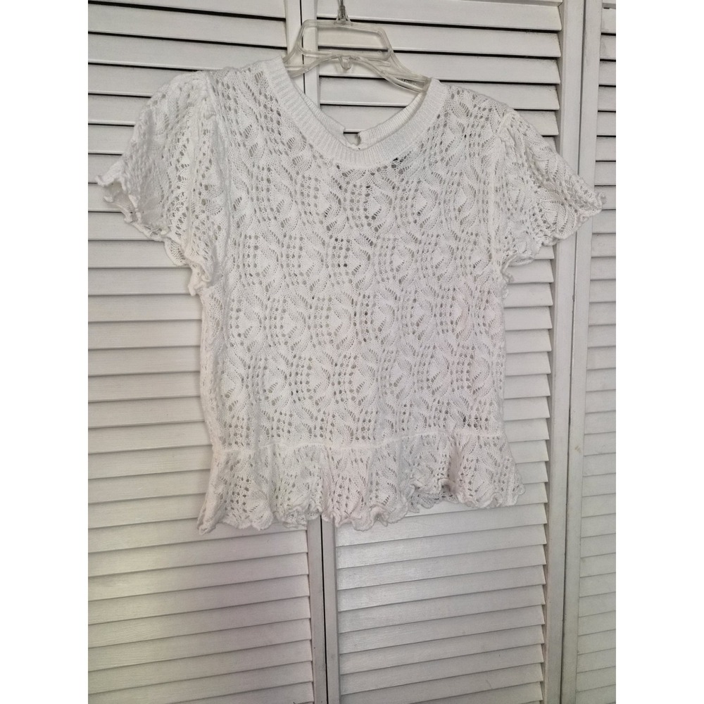 H&M Divided White Pointelle Crochet Peplum Top Short Sleeve Back Tie Womens M